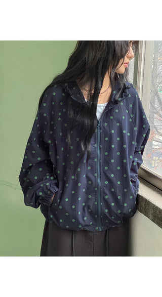 Dot Raglan Hooded Drawstring Windbreaker Jumper