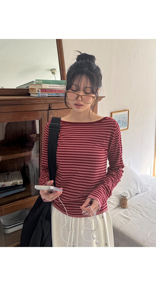Miken Striped Boat Neck Slim Fit Long Sleeve Knit