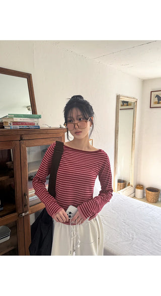 Miken Striped Boat Neck Slim Fit Long Sleeve Knit
