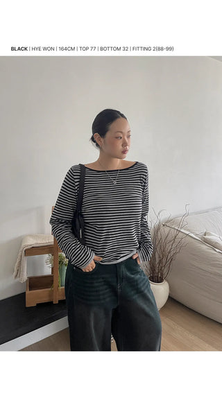 Miken Striped Boat Neck Slim Fit Long Sleeve Knit