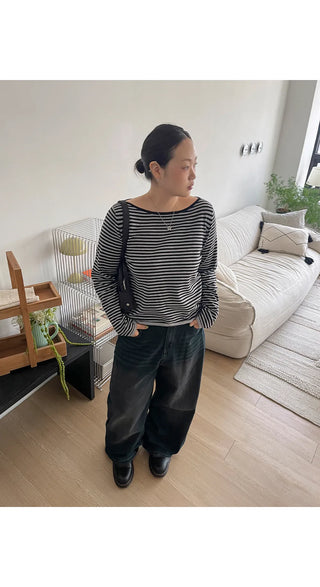 Miken Striped Boat Neck Slim Fit Long Sleeve Knit