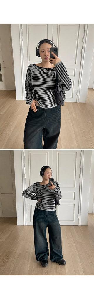 Miken Striped Boat Neck Slim Fit Long Sleeve Knit