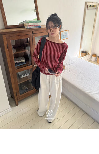 Miken Striped Boat Neck Slim Fit Long Sleeve Knit