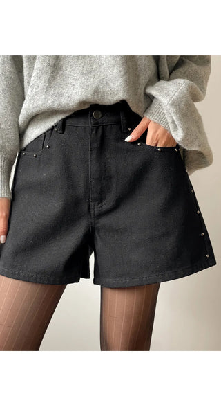 Uniker Rivet Studded Cotton Back Elastic Waist Shorts Cotton Shorts
