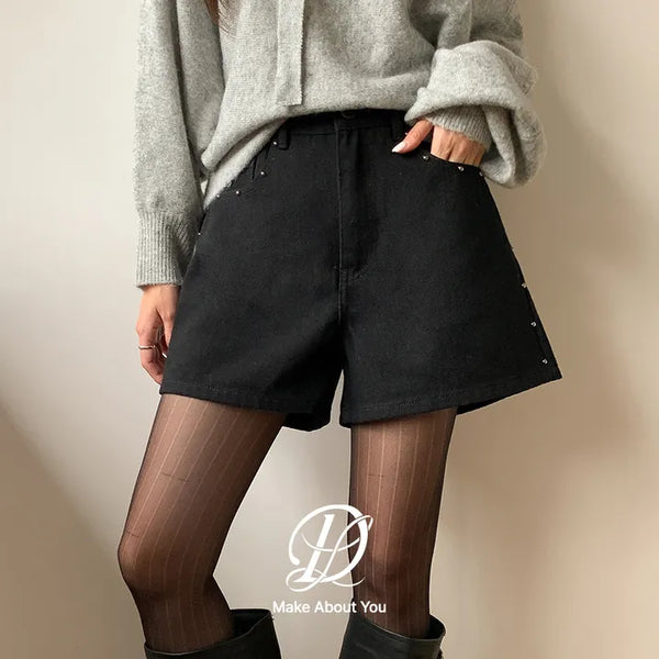 Uniker Rivet Studded Cotton Back Elastic Waist Shorts Cotton Shorts