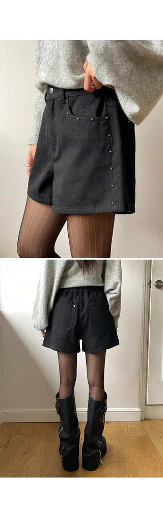 Uniker Rivet Studded Cotton Back Elastic Waist Shorts Cotton Shorts