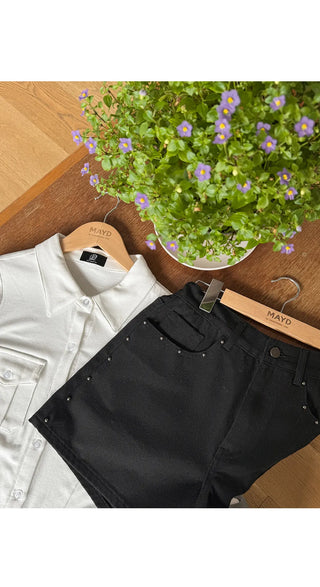 Uniker Rivet Studded Cotton Back Elastic Waist Shorts Cotton Shorts