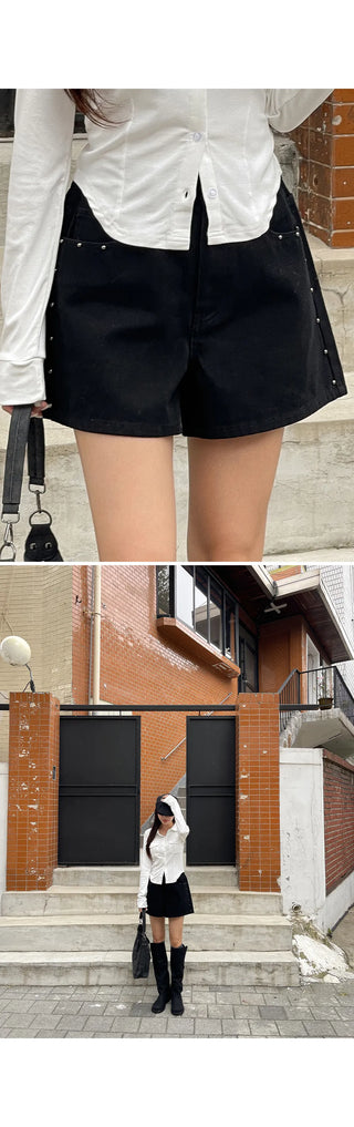 Uniker Rivet Studded Cotton Back Elastic Waist Shorts Cotton Shorts