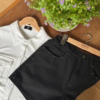 Uniker Rivet Studded Cotton Back Elastic Waist Shorts Cotton Shorts