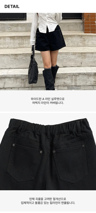 Uniker Rivet Studded Cotton Back Elastic Waist Shorts Cotton Shorts