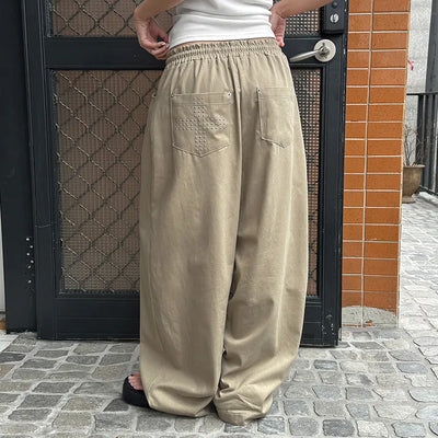 Phicenne Cotton Cross Stud Elastic Waist Wide Curved Pants Cotton Trousers