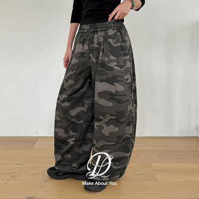 K-Gel Camo Military Terry Pintuck Drawstring Two-Way Jogger Wide Elastic Waist Training Pants