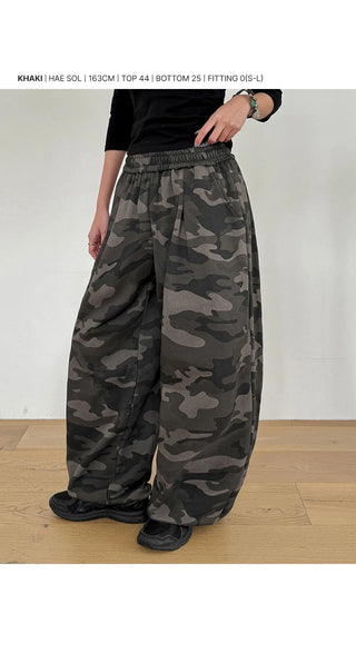 K-Gel Camo Military Terry Pintuck Drawstring Two-Way Jogger Wide Elastic Waist Training Pants