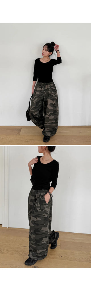 K-Gel Camo Military Terry Pintuck Drawstring Two-Way Jogger Wide Elastic Waist Training Pants