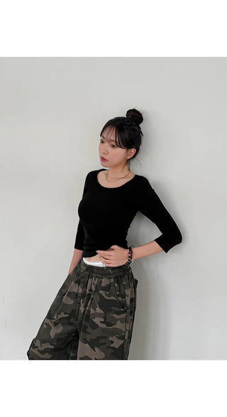 K-Gel Camo Military Terry Pintuck Drawstring Two-Way Jogger Wide Elastic Waist Training Pants