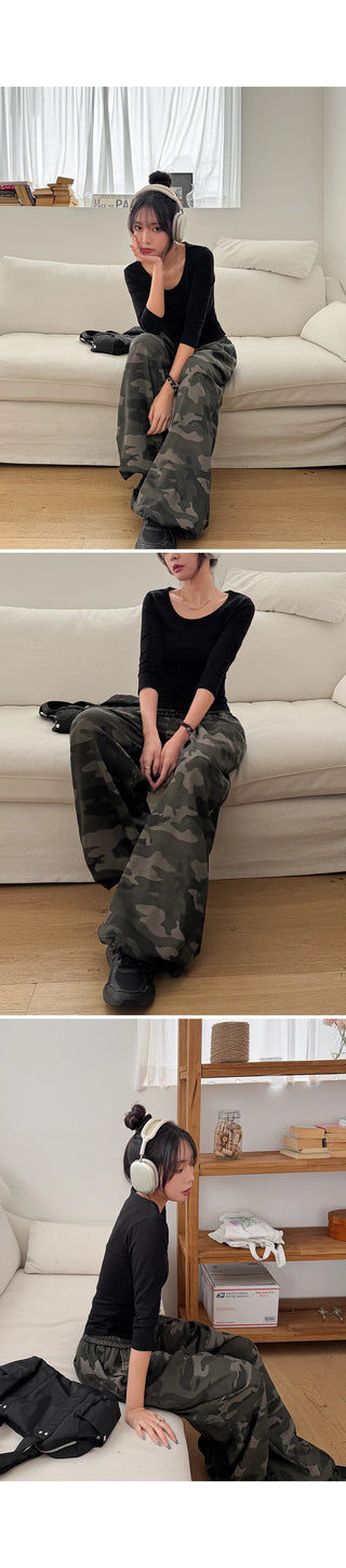 K-Gel Camo Military Terry Pintuck Drawstring Two-Way Jogger Wide Elastic Waist Training Pants