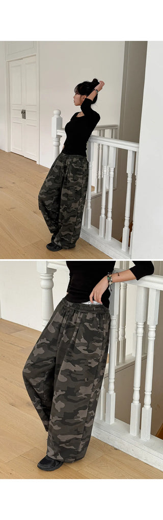 K-Gel Camo Military Terry Pintuck Drawstring Two-Way Jogger Wide Elastic Waist Training Pants