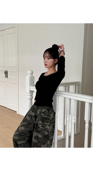 K-Gel Camo Military Terry Pintuck Drawstring Two-Way Jogger Wide Elastic Waist Training Pants