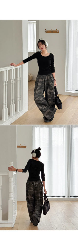 K-Gel Camo Military Terry Pintuck Drawstring Two-Way Jogger Wide Elastic Waist Training Pants
