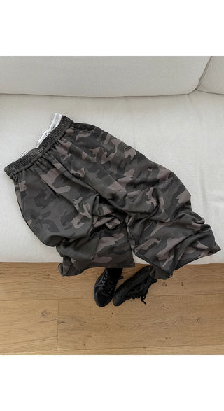 K-Gel Camo Military Terry Pintuck Drawstring Two-Way Jogger Wide Elastic Waist Training Pants