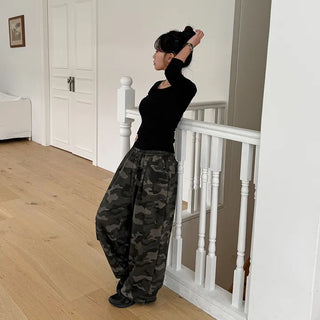 K-Gel Camo Military Terry Pintuck Drawstring Two-Way Jogger Wide Elastic Waist Training Pants