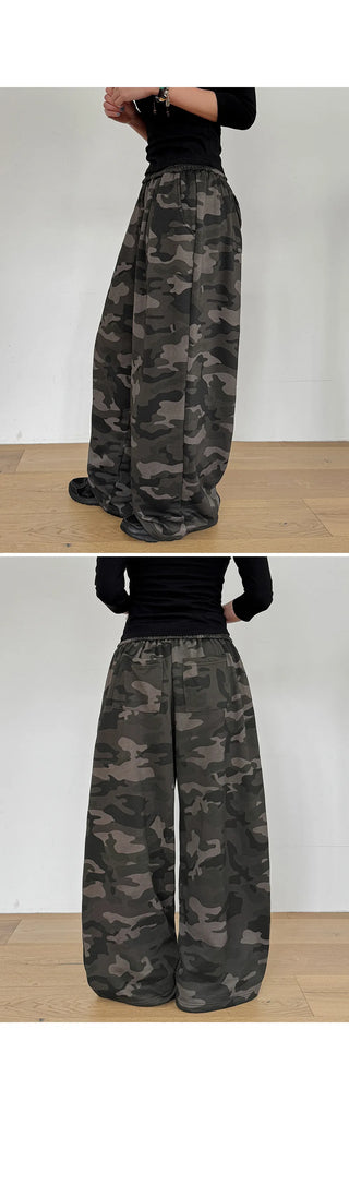 K-Gel Camo Military Terry Pintuck Drawstring Two-Way Jogger Wide Elastic Waist Training Pants