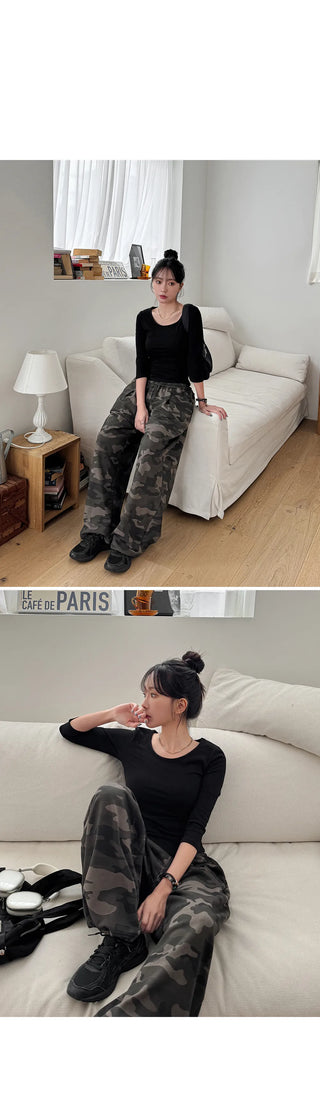 K-Gel Camo Military Terry Pintuck Drawstring Two-Way Jogger Wide Elastic Waist Training Pants