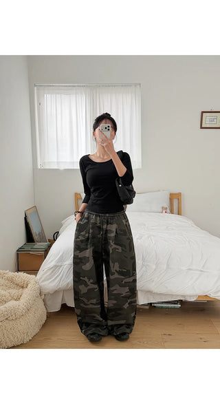 K-Gel Camo Military Terry Pintuck Drawstring Two-Way Jogger Wide Elastic Waist Training Pants