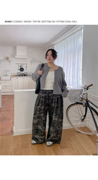 K-Gel Camo Military Terry Pintuck Drawstring Two-Way Jogger Wide Elastic Waist Training Pants