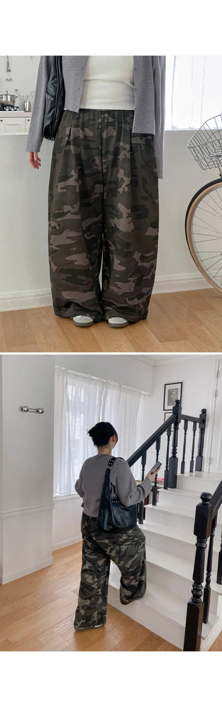 K-Gel Camo Military Terry Pintuck Drawstring Two-Way Jogger Wide Elastic Waist Training Pants