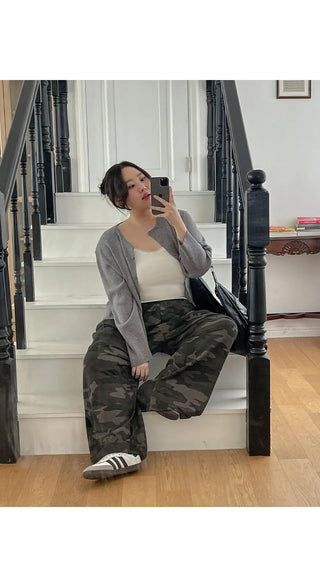 K-Gel Camo Military Terry Pintuck Drawstring Two-Way Jogger Wide Elastic Waist Training Pants
