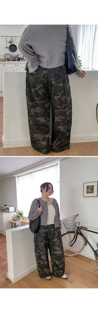 K-Gel Camo Military Terry Pintuck Drawstring Two-Way Jogger Wide Elastic Waist Training Pants