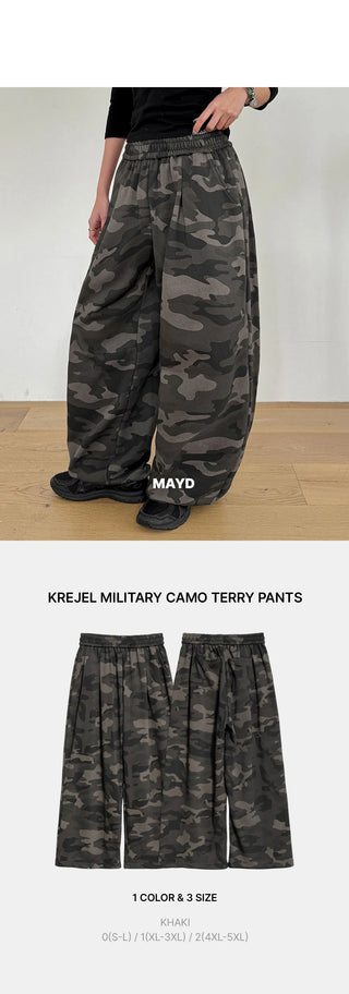 K-Gel Camo Military Terry Pintuck Drawstring Two-Way Jogger Wide Elastic Waist Training Pants