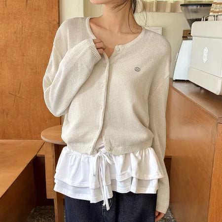 Philintz Basic Color Pendant Round Linen Semi-Crop Long Sleeve Knit Cardigan