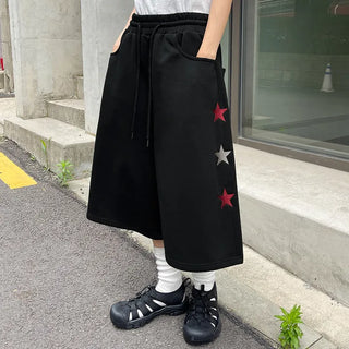 Byeoldin Unisex Star Embroidery Elastic Waist Drawstring Bermuda Banding Shorts Rainy Season Look