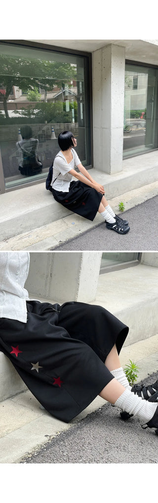 Byeoldin Unisex Star Embroidery Elastic Waist Drawstring Bermuda Banding Shorts Rainy Season Look