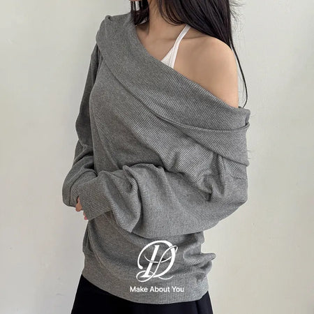 Cavens Loose Fit Cowl Neck Two-Way Off-Shoulder Ribbed Hoodie Long Sleeve T-Shirt