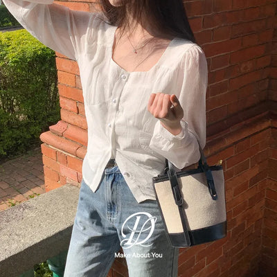 Rip-open Sheer Chiffon Square Neck Semi-Crop Ribbon Strap Long Sleeve Blouse Wedding Guest Look