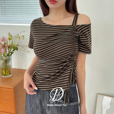 Laura Asymmetrical Off-Shoulder Strap Shirred Rayon Striped Short Sleeve T-Shirt