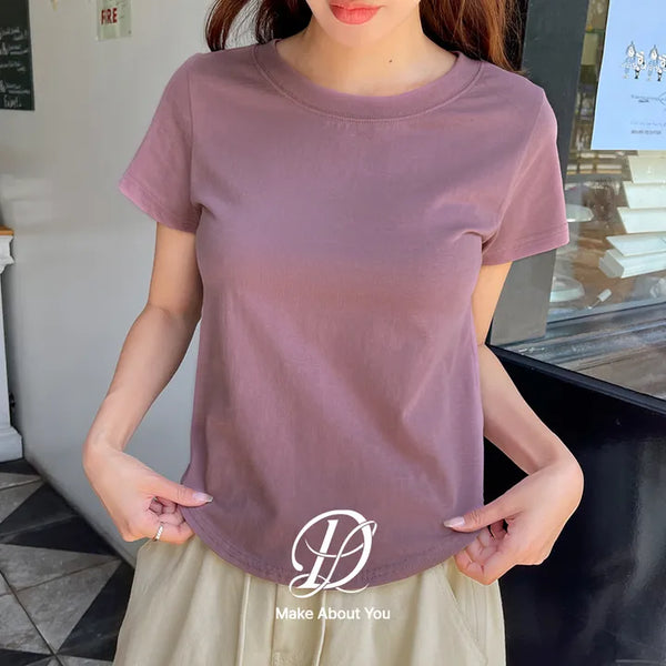 Poppin' Pink  Cotton Round Neck Rounded Hem Plain Short Sleeve T-shirt