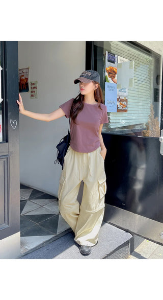 Poppin' Pink  Cotton Round Neck Rounded Hem Plain Short Sleeve T-shirt