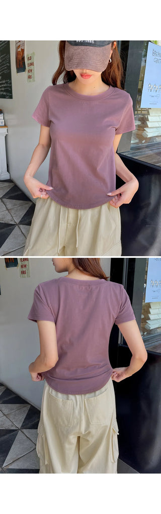 Poppin' Pink  Cotton Round Neck Rounded Hem Plain Short Sleeve T-shirt