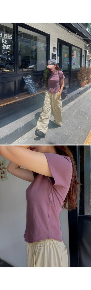 Poppin' Pink  Cotton Round Neck Rounded Hem Plain Short Sleeve T-shirt