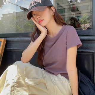 Poppin' Pink  Cotton Round Neck Rounded Hem Plain Short Sleeve T-shirt