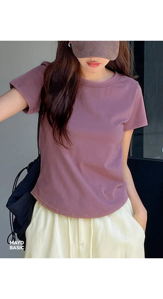 Poppin' Pink  Cotton Round Neck Rounded Hem Plain Short Sleeve T-shirt