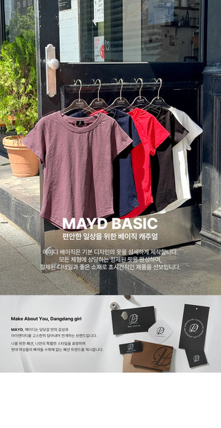 Poppin' Pink  Cotton Round Neck Rounded Hem Plain Short Sleeve T-shirt
