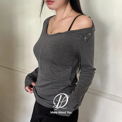 Rubil Delicate Fit U-Neck One-Shoulder Snap Button Long Sleeve T-Shirt