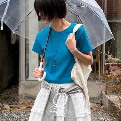 Lined Color Ribbed Crop Short Sleeve Tee