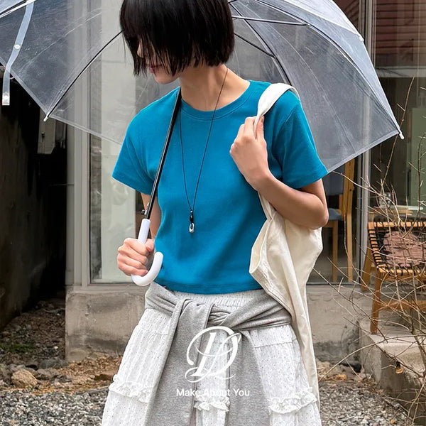 Lined Color Ribbed Crop Short Sleeve Tee