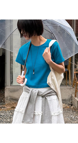 Lined Color Ribbed Crop Short Sleeve Tee
